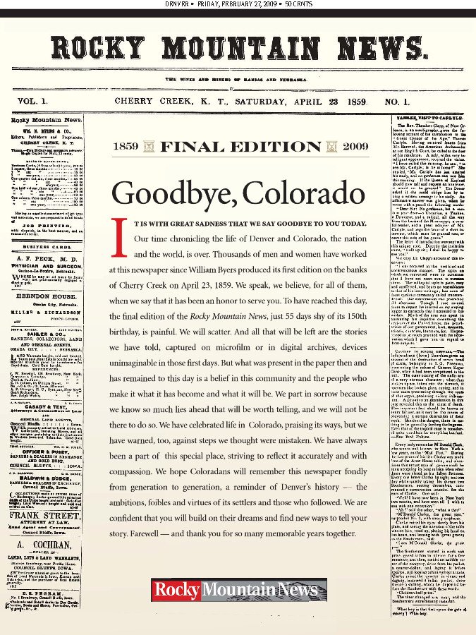 Final front page of the Rocky Mountain News