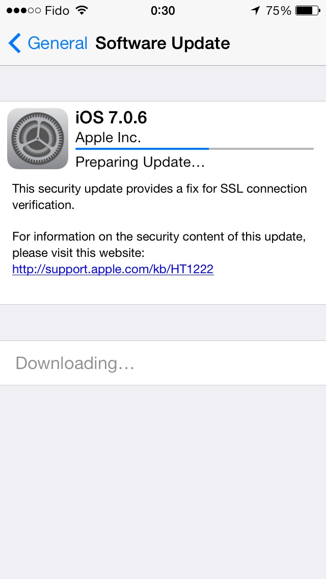 Download of iOS 7.0.6, which patches security flaw.