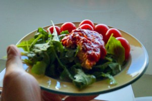 The main: Mackerel in tomato sauce with rocket and cherry tomatoes.